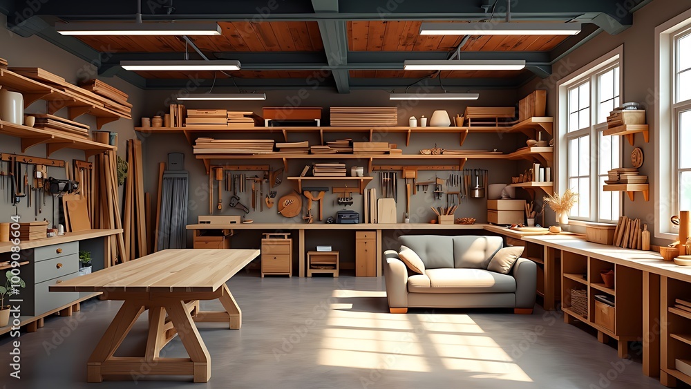 The concept of producing furniture. furniture workshop. 3d render The concept of producing furniture. furniture workshop. 3d render