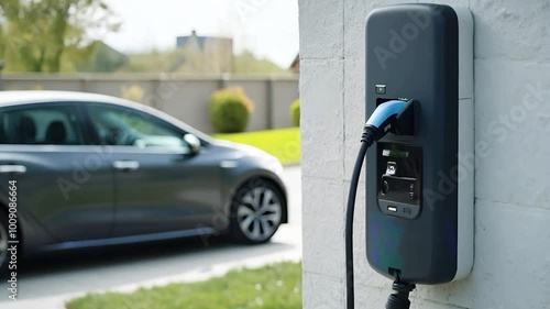 Electric Car Plugged In to Wall-Mounted Home Charger