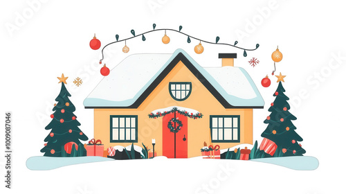 Wallpaper Mural Flat Village House Icon for Christmas, Cozy Holiday Home Design, PNG File, Transparent Background. Torontodigital.ca