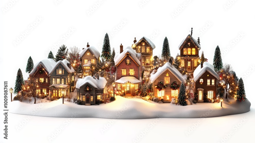 Obraz premium Charming miniature snow-covered village with cozy illuminated houses, perfect for festive and holiday decoration and celebration inspiration.