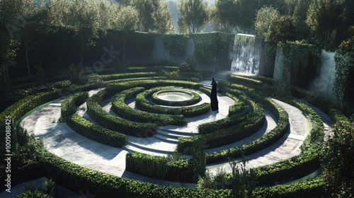 A lone figure in a black robe stands in the center of a circular hedge maze with a waterfall in the background