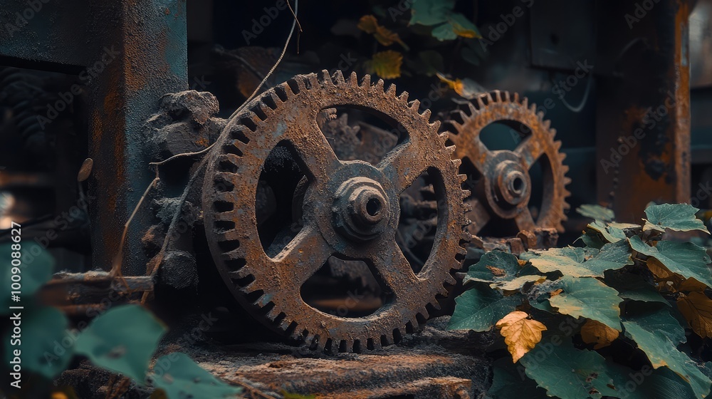Time-worn, corroded gears moving slowly in an industrial ruin, with vines and plants reclaiming the rusted machinery. Time-worn, corroded gears moving slowly in an industrial ruin, with vines and plants reclaiming the rusted machinery.
