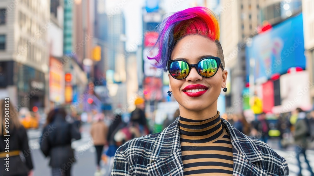 Young non-binary person with colorful mohawk in lively city street. Urban fashion and diversity concepts. Young non-binary person with colorful mohawk in lively city street. Urban fashion and diversity concepts.
