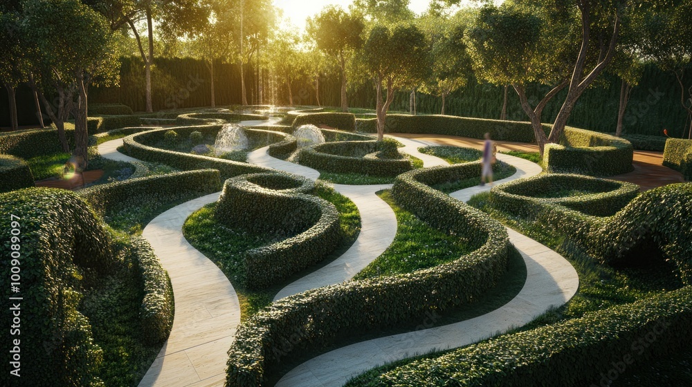 A Winding Path Through a Lush, Geometrically Designed Garden A Winding Path Through a Lush, Geometrically Designed Garden