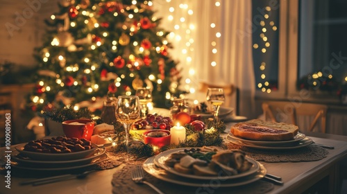 Cozy Christmas dinner setting with decorated tree, lights, and festive tableware, creating a warm holiday ambiance for family gatherings.