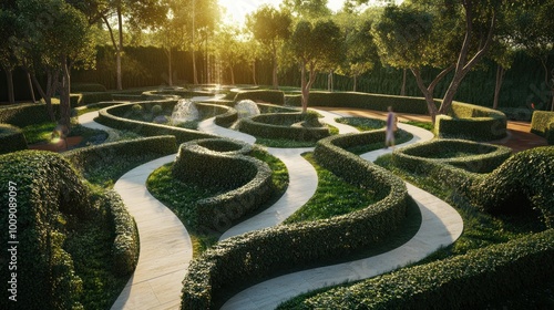 A Winding Path Through a Lush, Geometrically Designed Garden