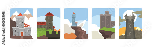 Stone Castle with Tower and Castellation Walls Vector Set