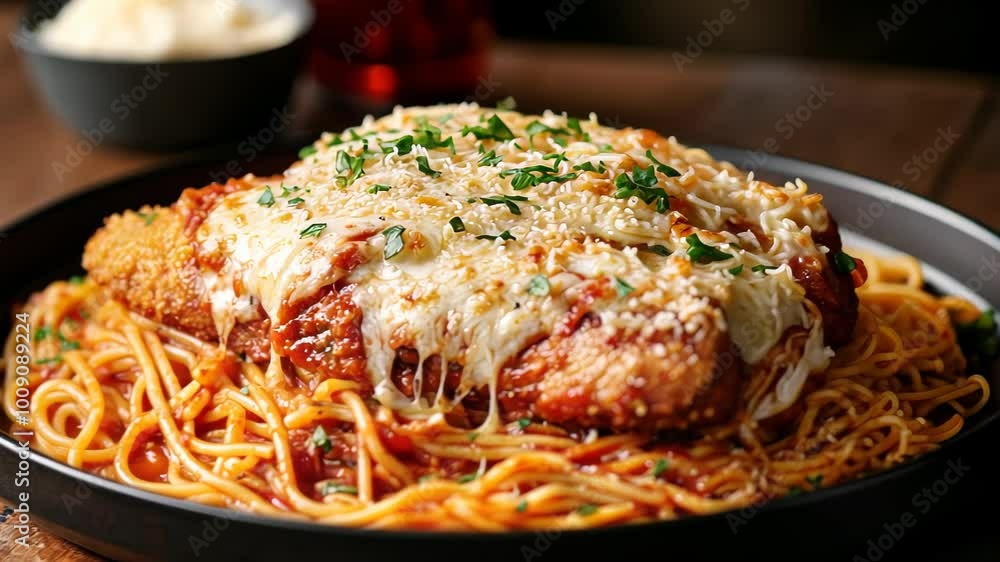 A plate of spaghetti topped with crispy chicken, marinara sauce, and melted cheese. A plate of spaghetti topped with crispy chicken, marinara sauce, and melted cheese.