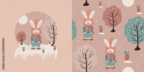 Cute rabbit and birds in a fabulous winter forest. Children's seamless drawing, vector background. Perfect for fabric, textiles, baby bedding, wallpaper and more.