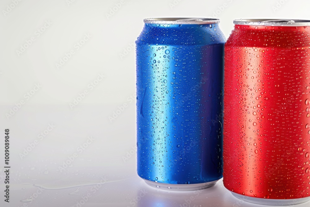 Condensation on cold blue and red soda cans illustrates how chilled surfaces cause moisture in the air to form droplets, underlining the beverages' refreshing coolness. Condensation on cold blue and red soda cans illustrates how chilled surfaces cause moisture in the air to form droplets, underlining the beverages' refreshing coolness.