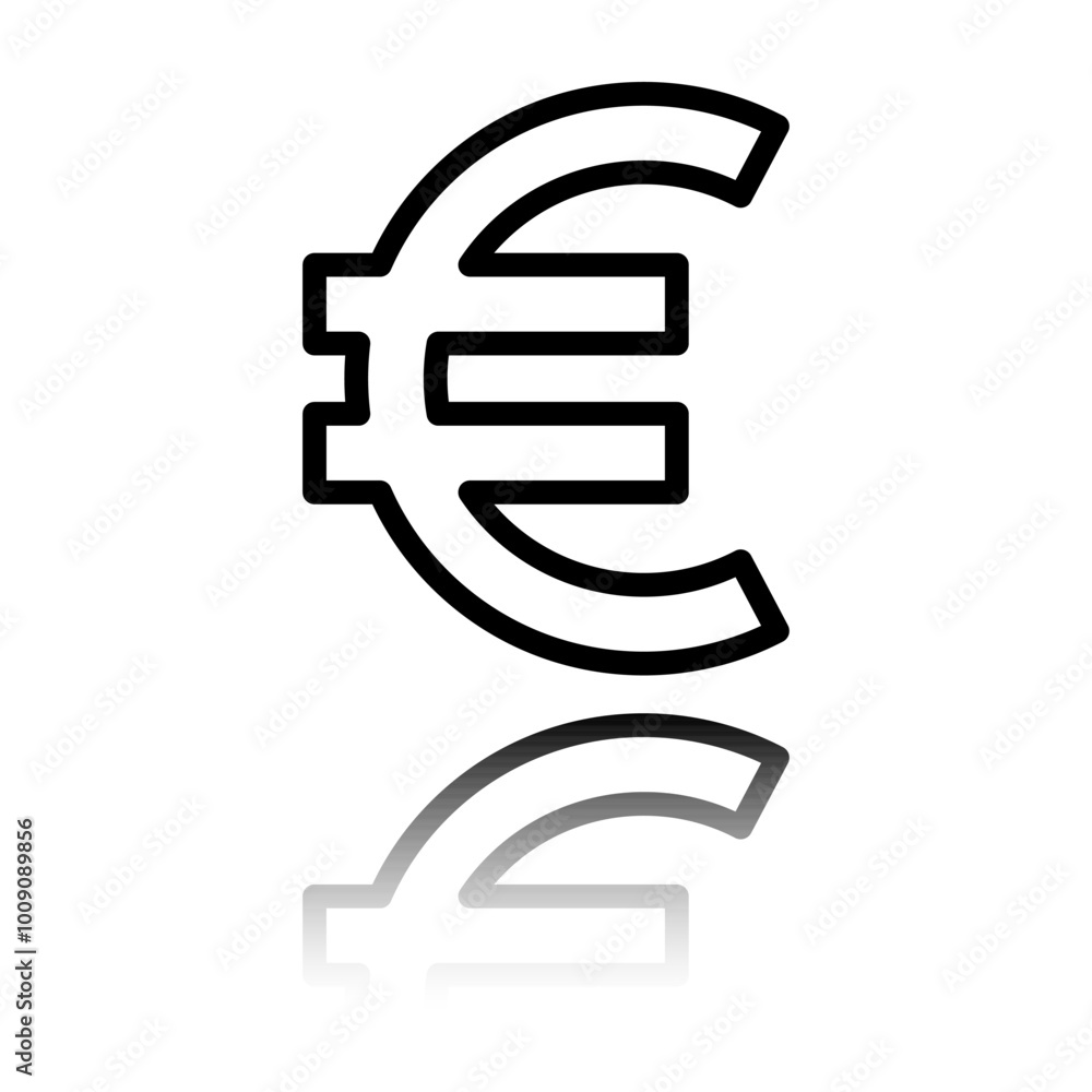 Euro money simple icon. Flat design. Black icon with mirror reflection. White background Euro money simple icon. Flat design. Black icon with mirror reflection. White background