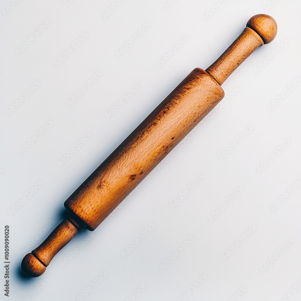 A wooden rolling pin used for flattening dough in baking. A wooden rolling pin used for flattening dough in baking.