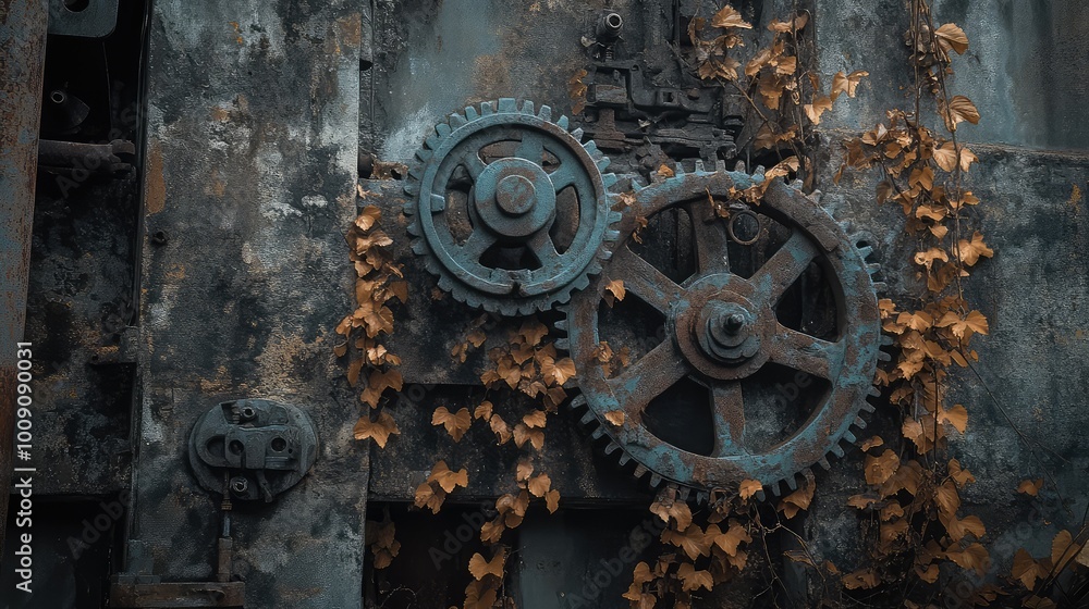 Time-worn gears slowly turning, covered in rust and decay, with vines curling around the ancient metal in a forgotten factory. Time-worn gears slowly turning, covered in rust and decay, with vines curling around the ancient metal in a forgotten factory.