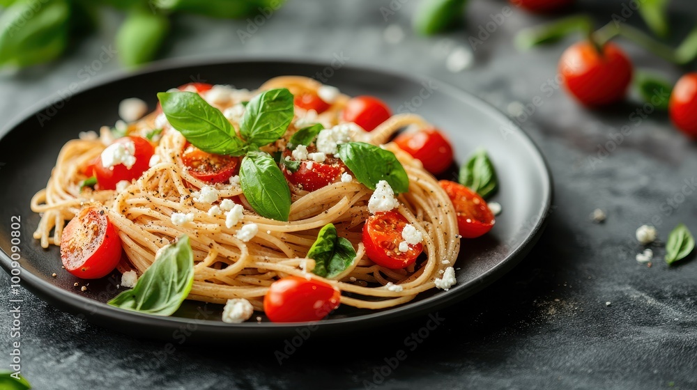 Delectable Pasta Dish with Vibrant Tomatoes and Fresh Basil Delectable Pasta Dish with Vibrant Tomatoes and Fresh Basil