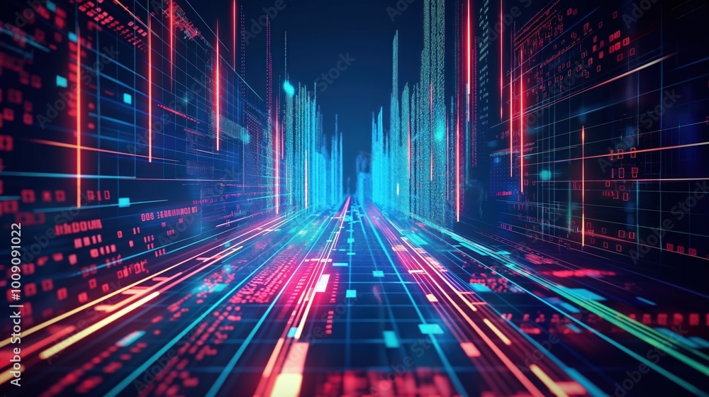 Fototapeta premium Digital communication concept illustration with generative. Abstract background features data flow, digital wave, futuristic design. Blue, dark colors, motion, texture. Modern tech, innovation,