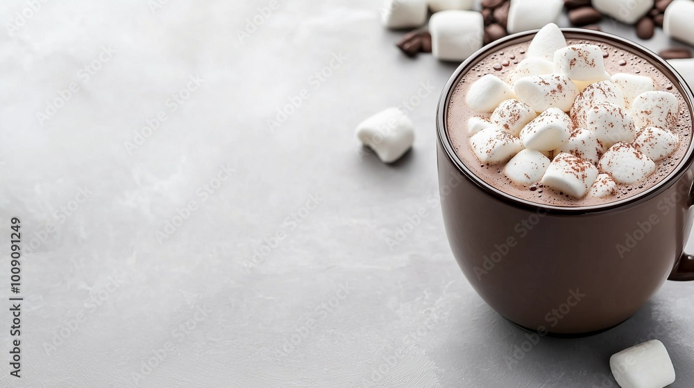 Cup with cocoa and marshmallows on a light cozy background with copy space. Seasonal sweet hot drink Cup with cocoa and marshmallows on a light cozy background with copy space. Seasonal sweet hot drink