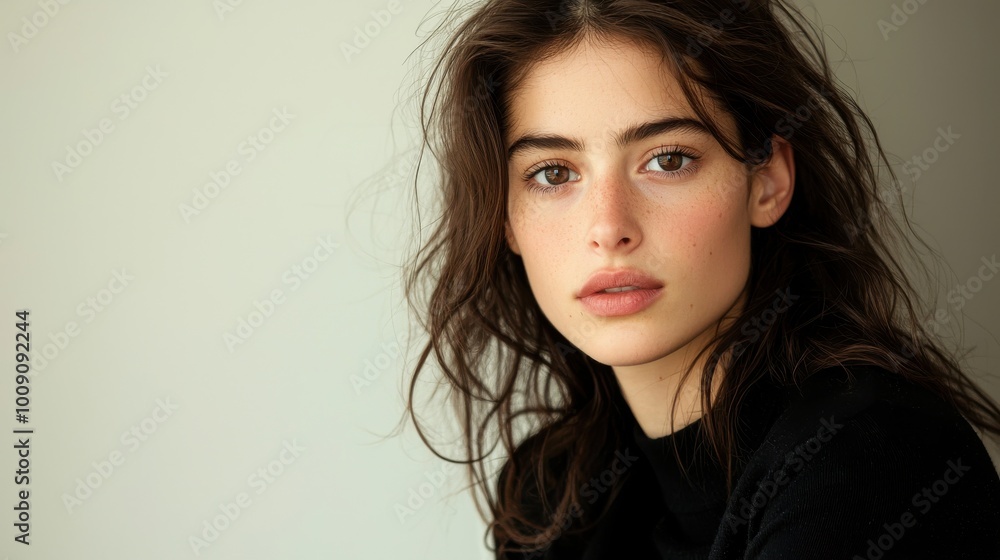Naklejka premium Woman with Serious Expression and Dark Hair