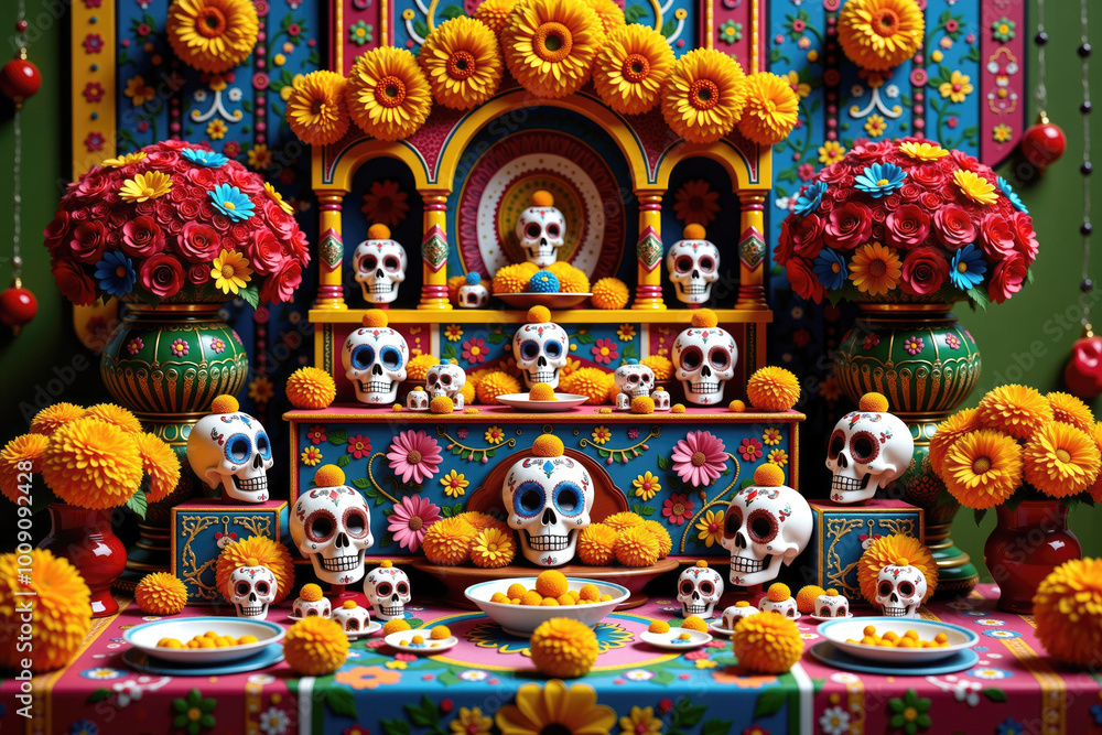 Fototapeta premium Colorful ofrenda decorated with skulls and cempasuchil flowers for day of the dead celebration