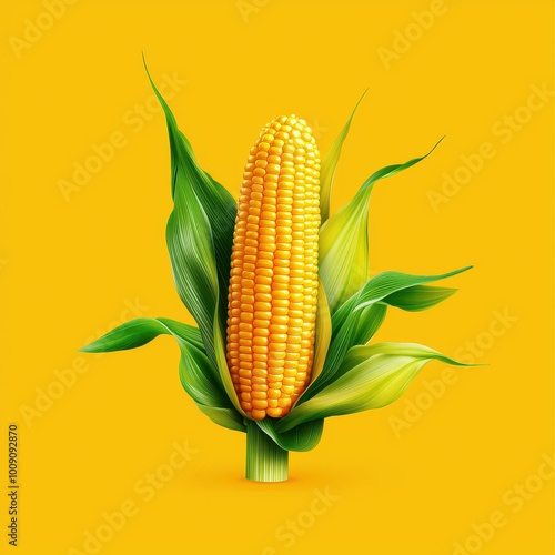 A single ear of corn with husks on a yellow background. photo