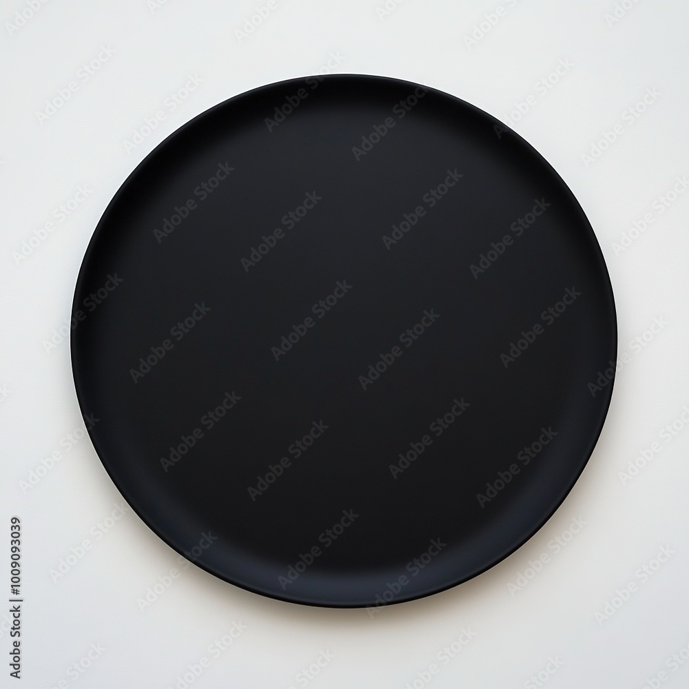 A simple black plate on a white background, suitable for serving food. A simple black plate on a white background, suitable for serving food.