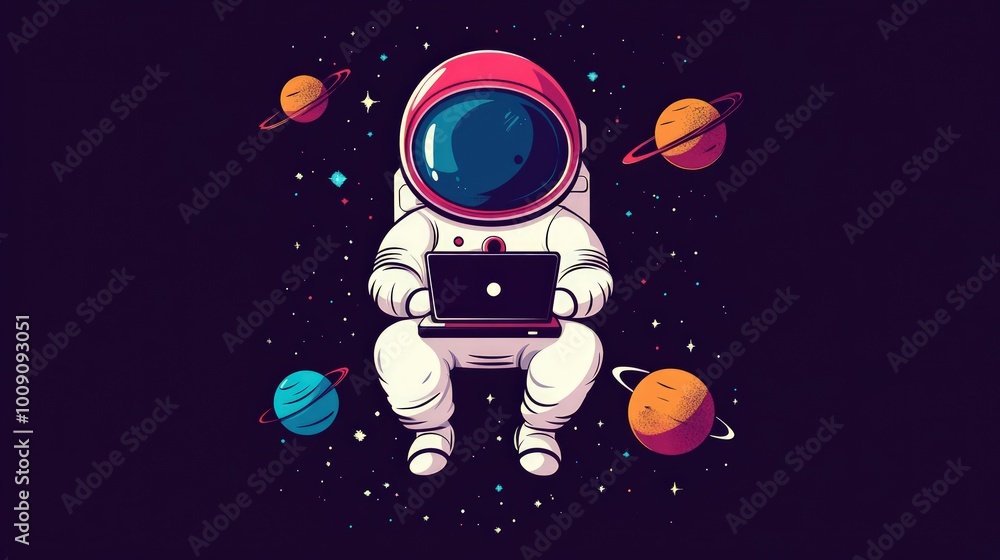 An astronaut sits in space with a laptop in front of a starry background. An astronaut sits in space with a laptop in front of a starry background.