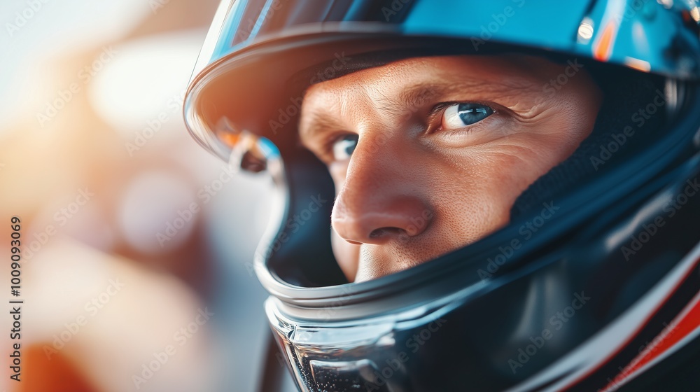 Close-up of a racer wearing a helmet, with a focused gaze directed forward. The portrait is ideal for themes related to motorsports, racing and adrenaline. Close-up of a racer wearing a helmet, with a focused gaze directed forward. The portrait is ideal for themes related to motorsports, racing and adrenaline.