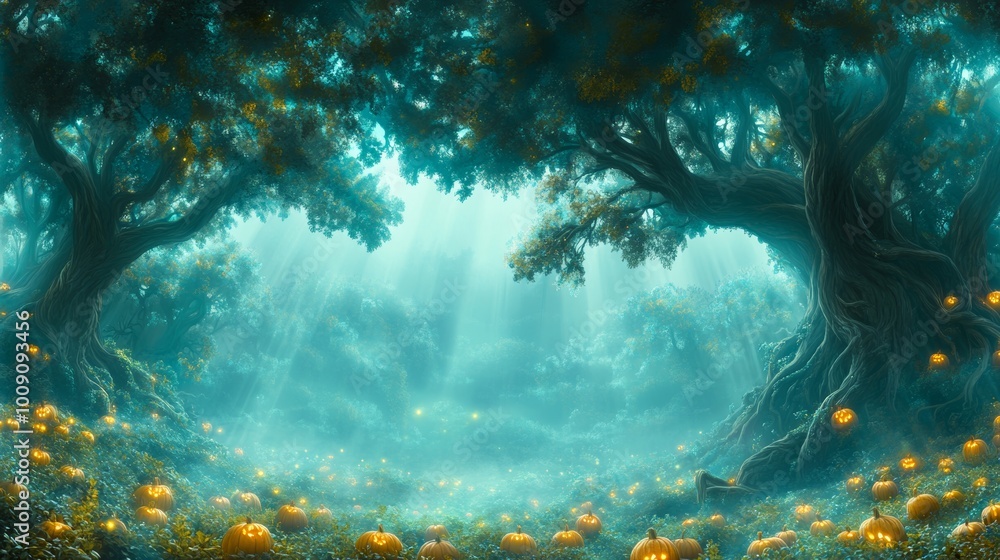 Obraz premium A dark twisted forest with glowing pumpkins placed around the roots of ancient trees