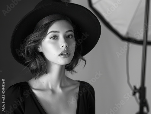 Elegant Woman with Classic Makeup in Studio Setting