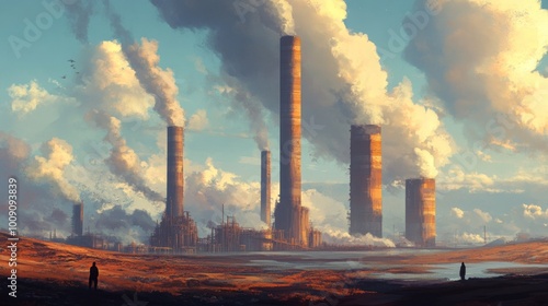 Two Figures Standing Before a Large Industrial Complex With Smoke Stack Emissions and a Hazy Sky