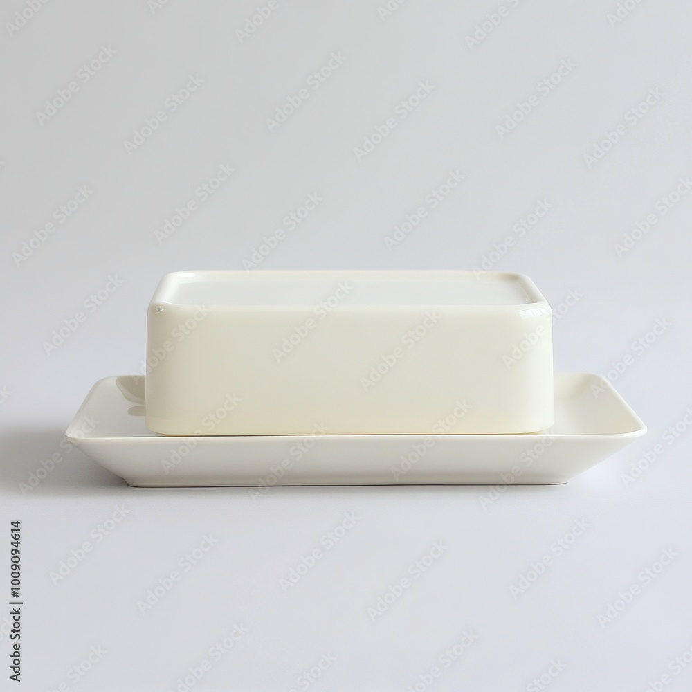 A simple white butter dish with a lid on a rectangular plate. A simple white butter dish with a lid on a rectangular plate.