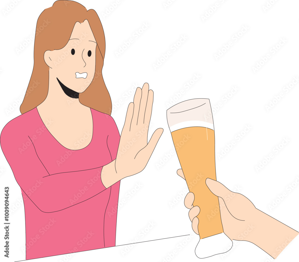 Woman Refusing Extra Beer at Bar - Alcohol Awareness Illustration. Woman Rejecting Alcoholic Drink Vector Design. Say No to Alcohol. Woman Refusing Extra Beer at Bar - Alcohol Awareness Illustration. Woman Rejecting Alcoholic Drink Vector Design. Say No to Alcohol.