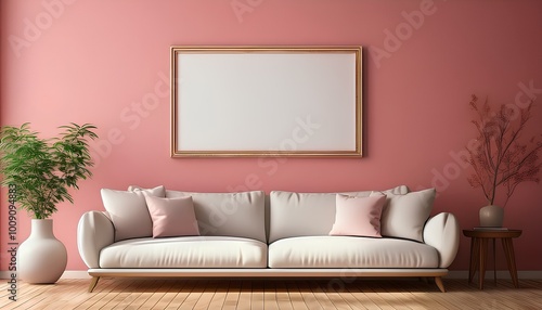pink wall room with white frame sofa , wooden surface , frame mock-up and parquet floor in workspace for poster presentation your product