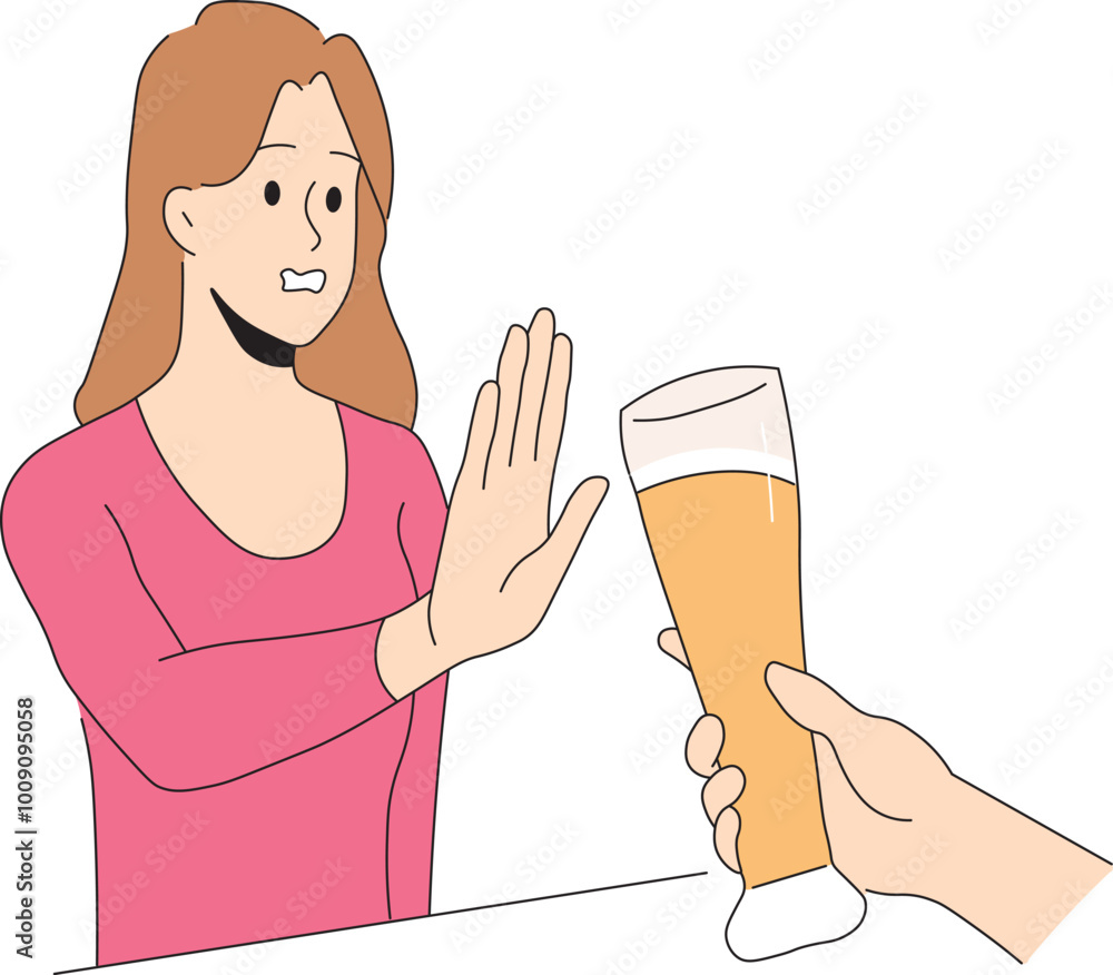 Woman Refusing Extra Beer at Bar - Alcohol Awareness Illustration. Woman Rejecting Alcoholic Drink Vector Design. Say No to Alcohol. Woman Refusing Extra Beer at Bar - Alcohol Awareness Illustration. Woman Rejecting Alcoholic Drink Vector Design. Say No to Alcohol.