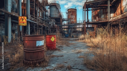 An abandoned factory with hazardous waste barrels scattered around the grounds, with warning signs and rusted machinery left behind.