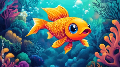 A cartoon goldfish swims through a vibrant coral reef.