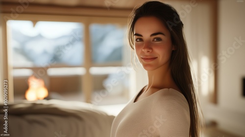 Young woman with long hair smiles warmly while standing in a cozy, well-lit room with a fireplace in the background during daytime. Free Download Young woman with long hair smiles warmly while standing in a cozy, well-lit room with a fireplace in the background during daytime. - GFXLoad
