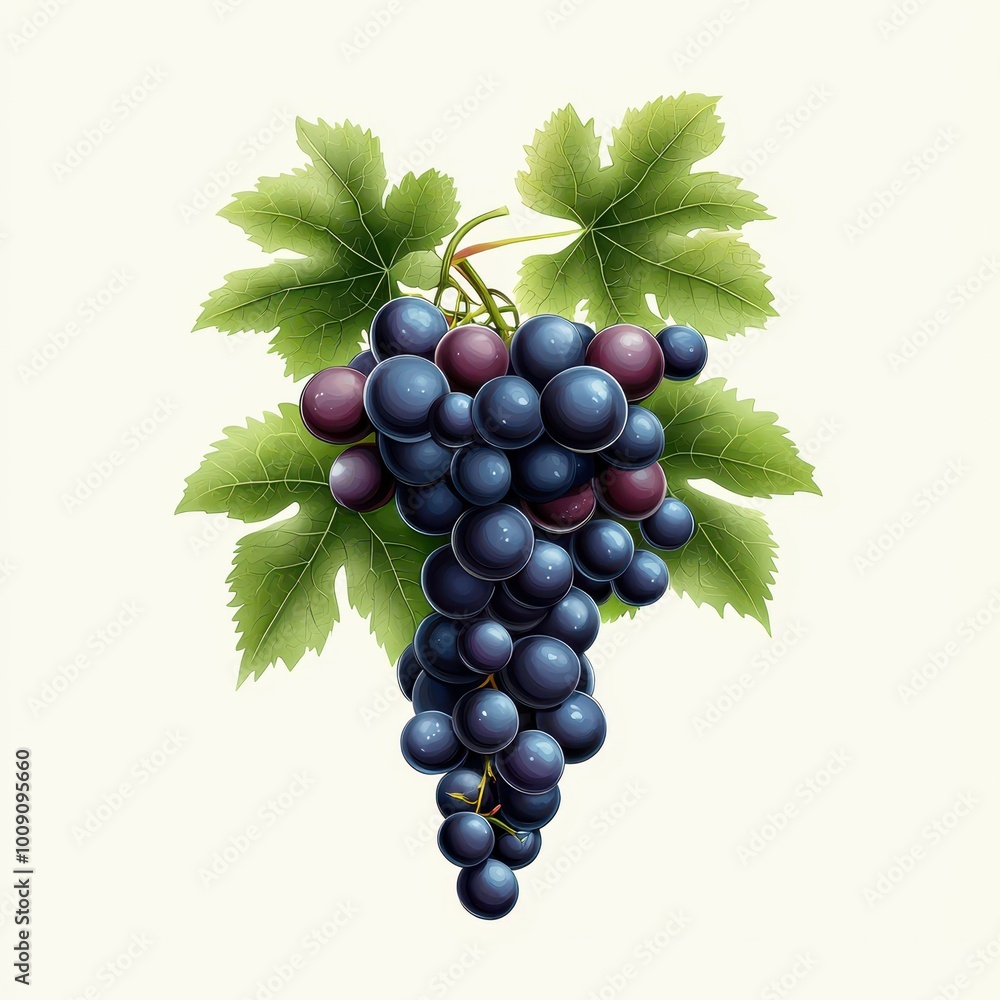Obraz premium A cluster of ripe dark grapes with green leaves on a white background.