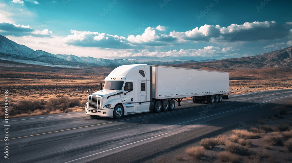 Landscape View of a Freight Truck. A sleek white freight truck driving on a highway through a desert landscape with mountains in the background. Suitable for transportation or logistics themes. Landscape View of a Freight Truck. A sleek white freight truck driving on a highway through a desert landscape with mountains in the background. Suitable for transportation or logistics themes.