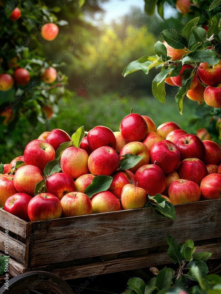 A wooden crate overflowing with freshly picked red apples in an orchard. A wooden crate overflowing with freshly picked red apples in an orchard.