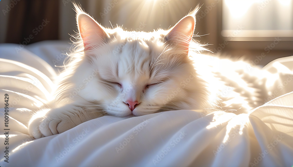 Obraz premium A cute cat sleeping on a bed with the morning sun shining in. Sleeping face, white sheets.朝日の差し込むベッドで寝ているかわいい猫。寝顔、白いシーツ。