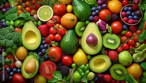 Background of A Healthy and Delicious Assortment of vegetables and fruit. A Healthy and Diverse Selection of Produce. A Colorful Display of Organic Fruits and Vegetables