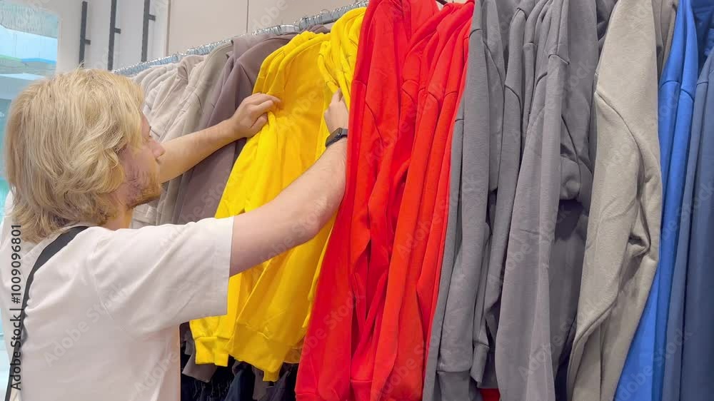 young man choosing clothes in a shopping mall. clothes hangers young man choosing clothes in a shopping mall. clothes hangers