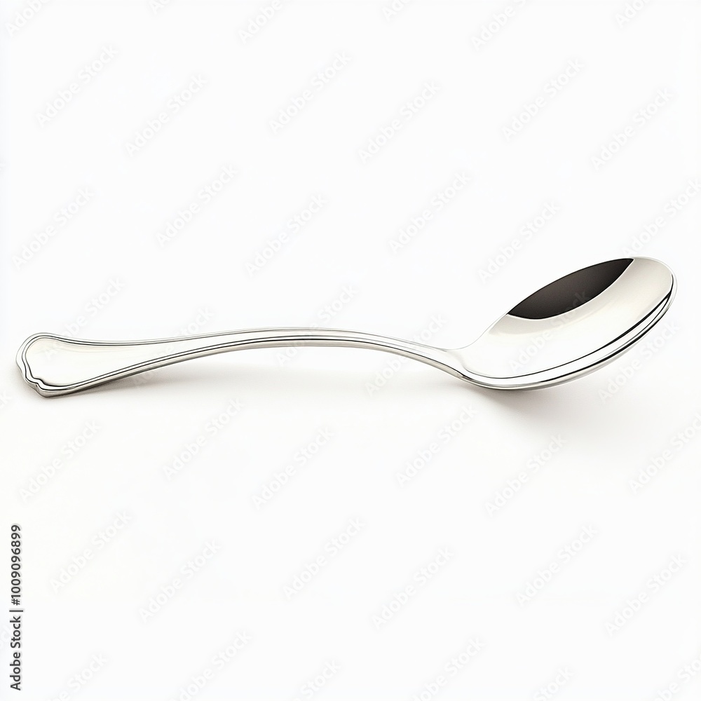 A shiny silver spoon with a curved handle, typically used for serving or eating food. A shiny silver spoon with a curved handle, typically used for serving or eating food.