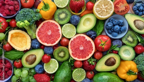 Background of A Healthy and Delicious Assortment of vegetables and fruit. A Healthy and Diverse Selection of Produce. A Colorful Display of Organic Fruits and Vegetables