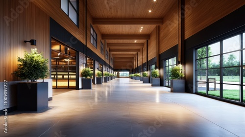 Long hallway with wood and black accents  lit by overhead lights and natural light from large windows.