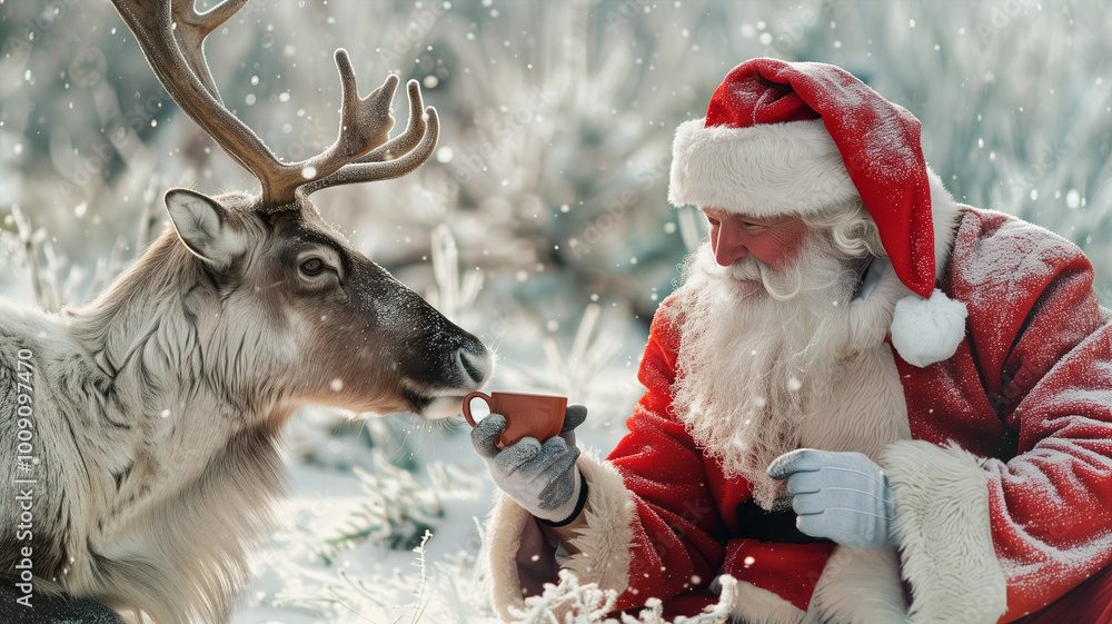 Happy Santa Claus and reindeer having coffee in the snow, winter holiday season, christmas greeting card, hot drink in the night Happy Santa Claus and reindeer having coffee in the snow, winter holiday season, christmas greeting card, hot drink in the night
