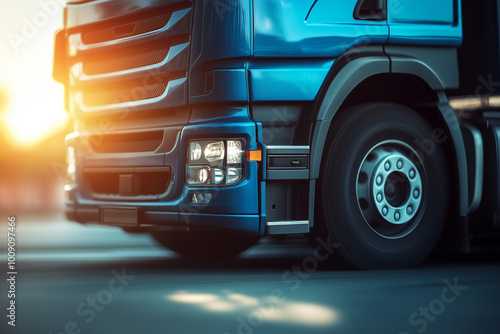 Close-up View of Blue Truck. Close-up view of a blue heavy-duty truck in an urban setting at sunset. Ideal for transportation or logistics themes. photo