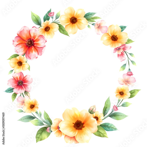 Pastel drawing artistic image of floral wreath as a frame for round white space. some leaves or flowers may overlap that white background. it has to be colorful, look natural. Generative AI