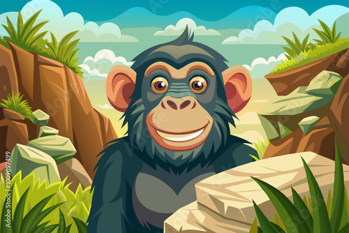 chimpanzee vector have a fun in green field landscape with rocks and trees, illustration cartoon photo