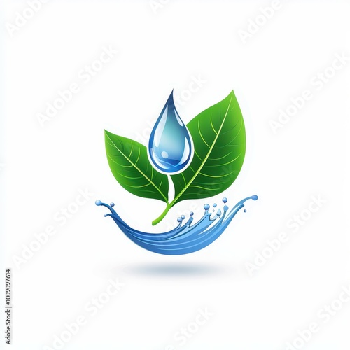 A blue water drop falls onto two green leaves surrounded by a wave of water.